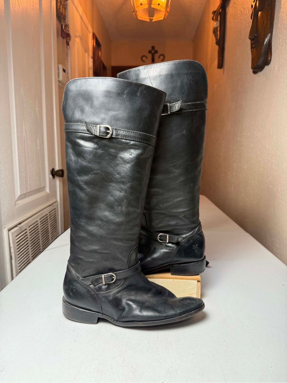 Frye Dorado Riding Boots Shoes Womens Sz 9.5 Black Leather Vintage Damaged